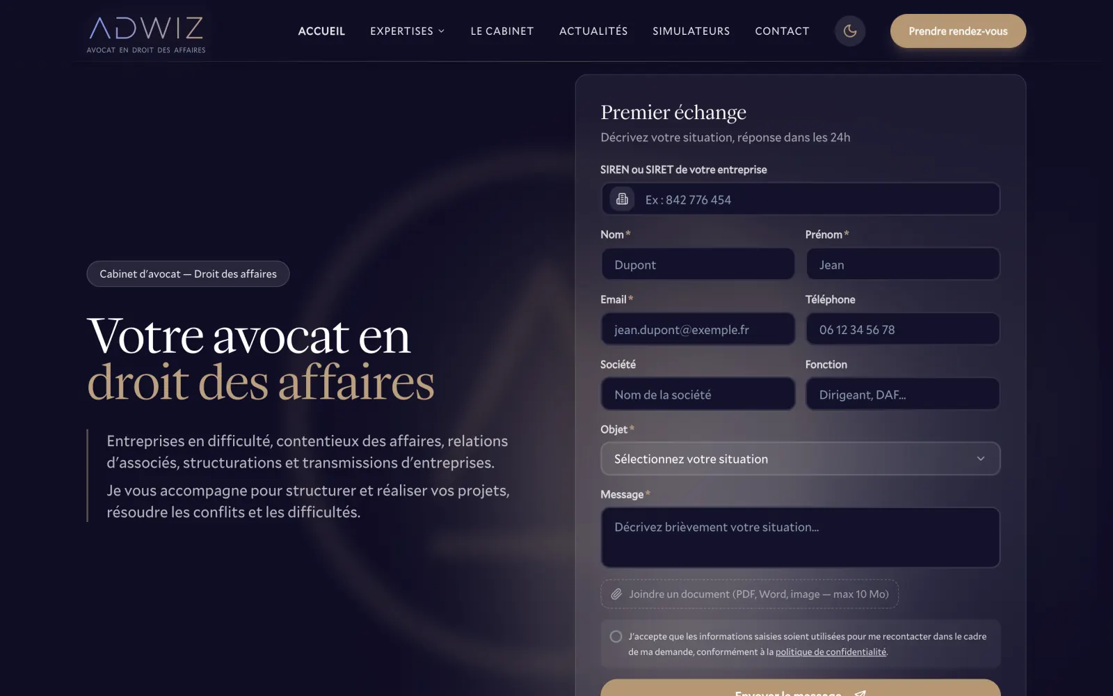 Page d'accueil du site ADWIZ sur ordinateur