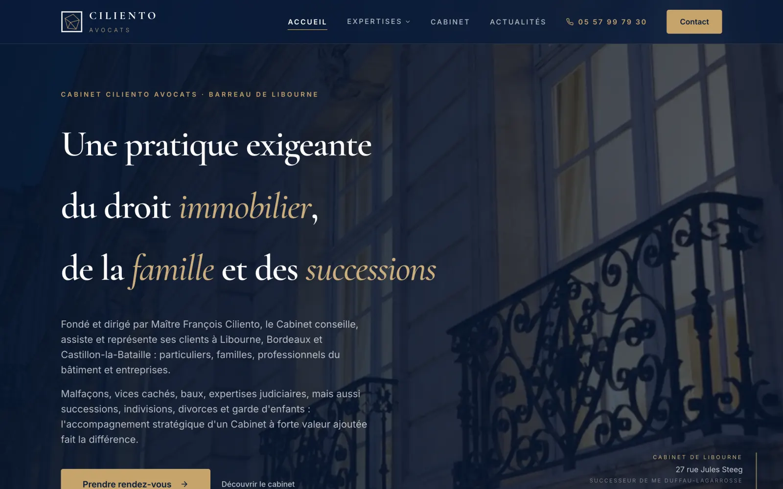 Page d'accueil du site Ciliento Avocats sur ordinateur