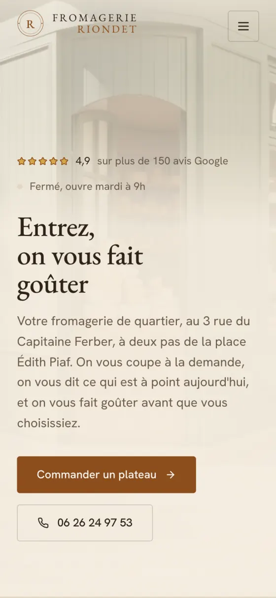 Le site Fromagerie Riondet sur téléphone
