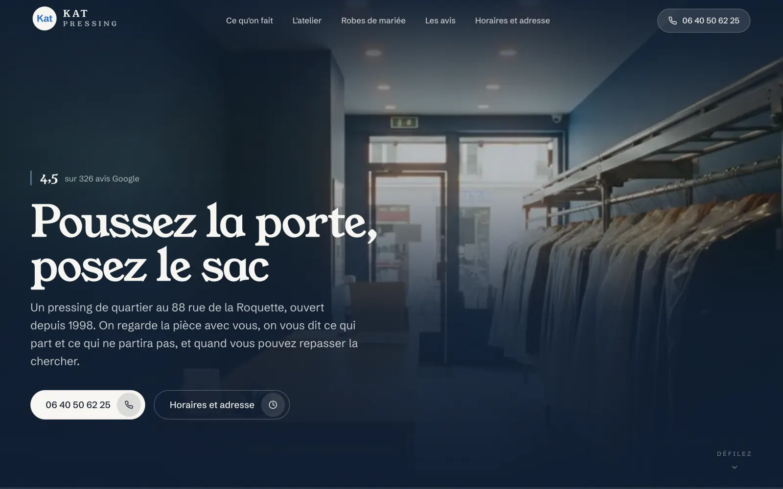 Page d'accueil du site Kat Pressing sur ordinateur