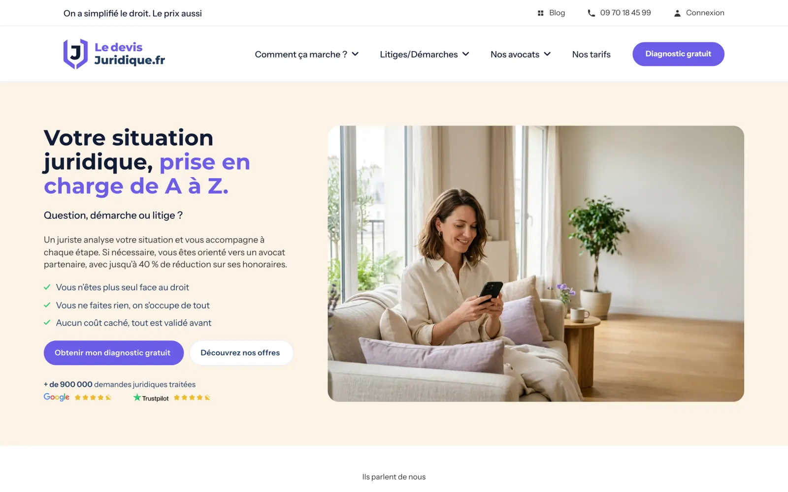 Page d'accueil du site Le Devis Juridique sur ordinateur
