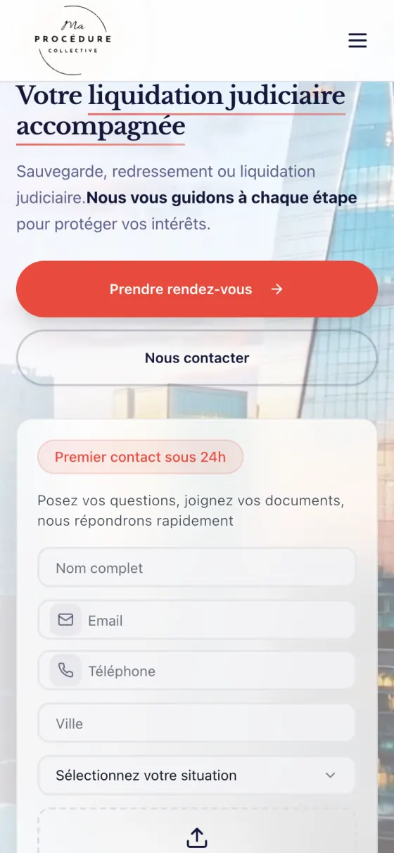 Le site Ma Procédure Collective sur téléphone
