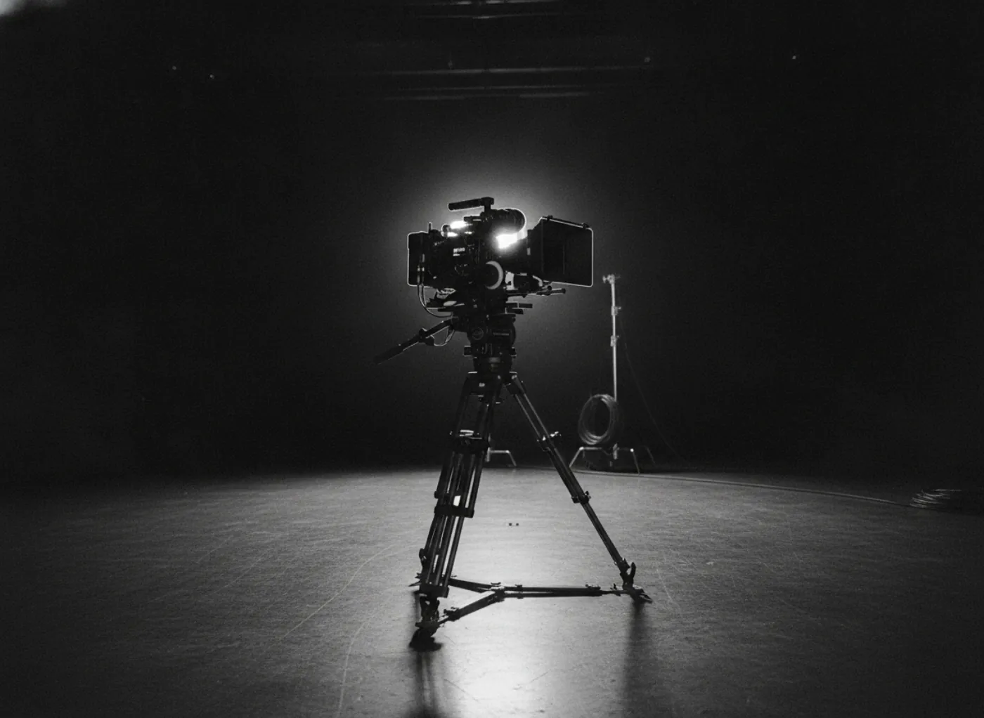 Une caméra de cinéma dans un studio sombre