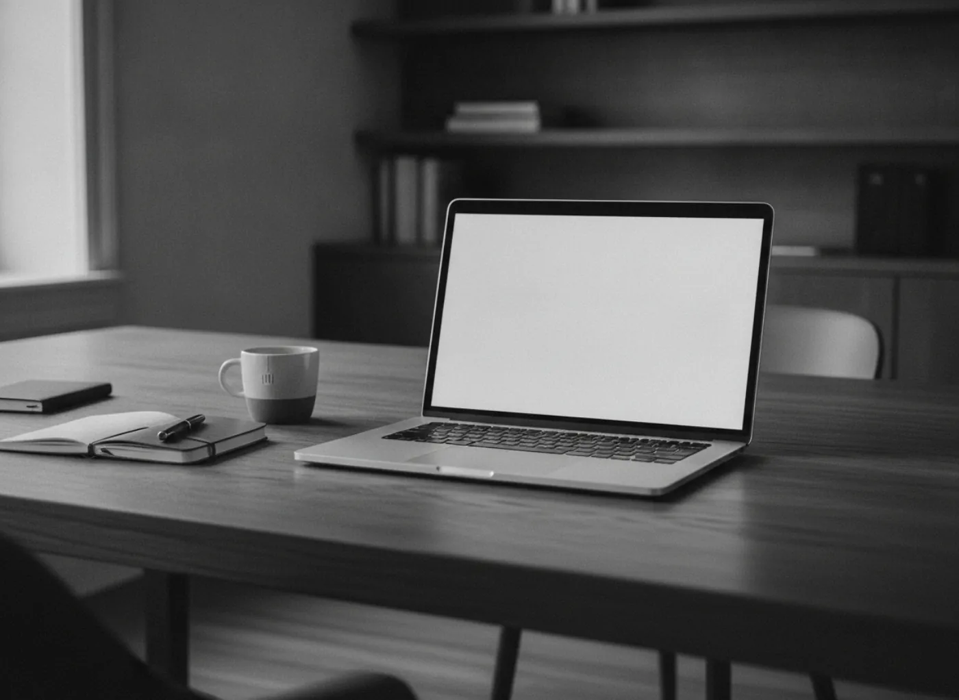 Un ordinateur portable ouvert sur un bureau en chêne, près d'une fenêtre