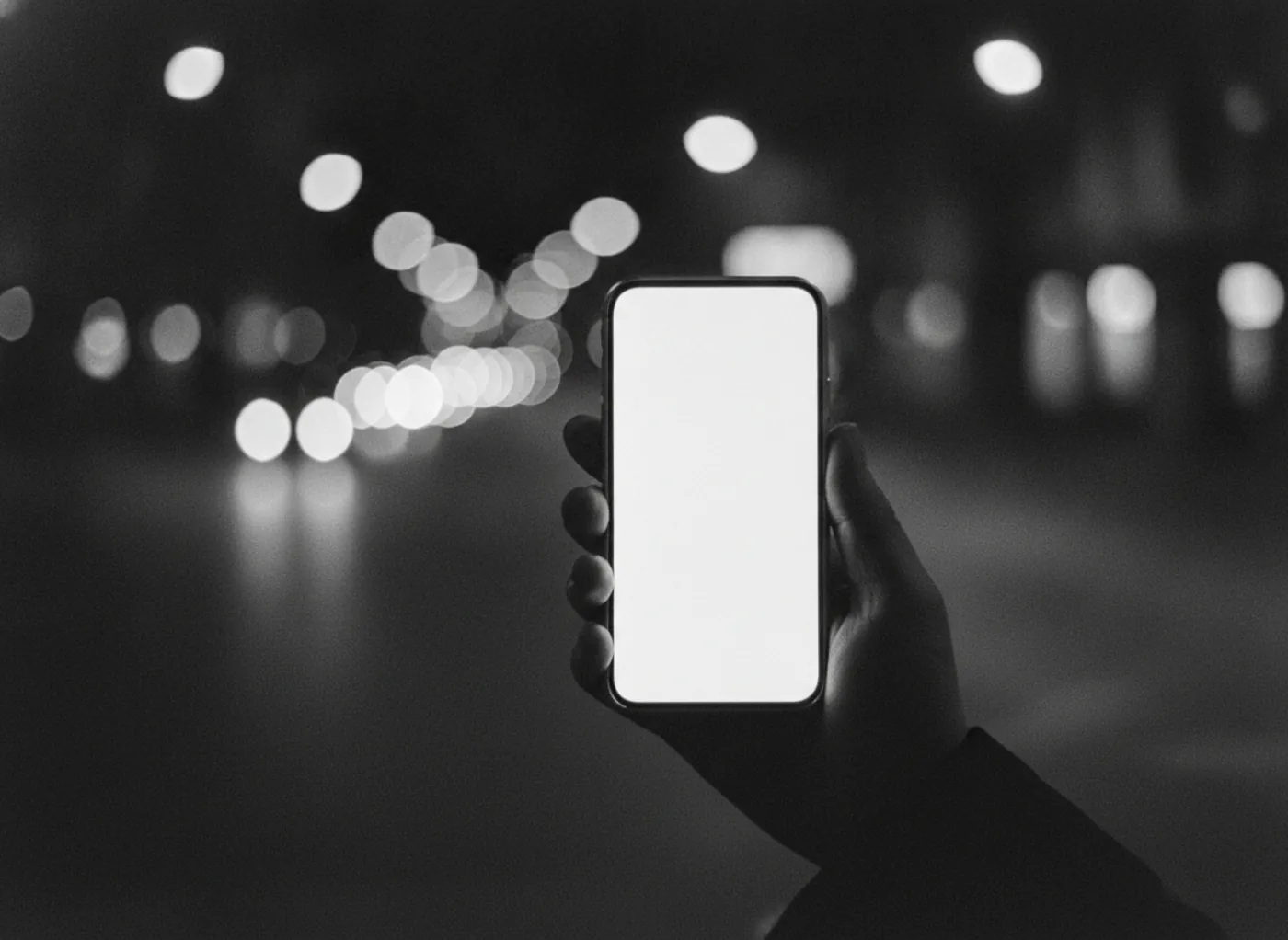 Une main tient un téléphone allumé, la nuit, dans une rue