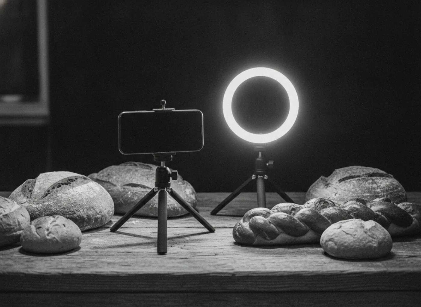 Un téléphone sur trépied et une lampe annulaire posés sur un comptoir de boulangerie