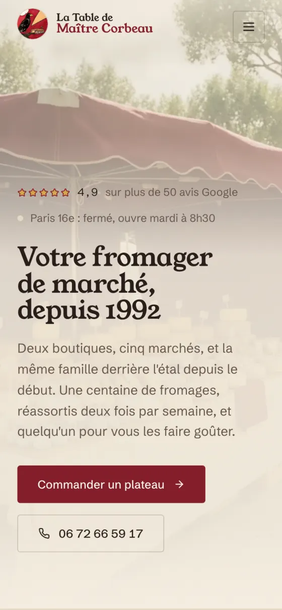 Le site La Table de Maître Corbeau sur téléphone